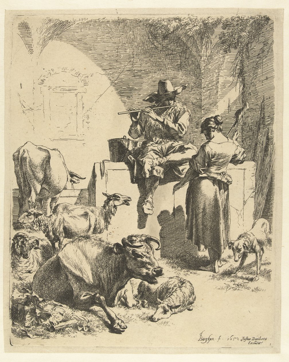 Fløytespillende hyrde og spinner av Nicolaes Pietersz Berchem