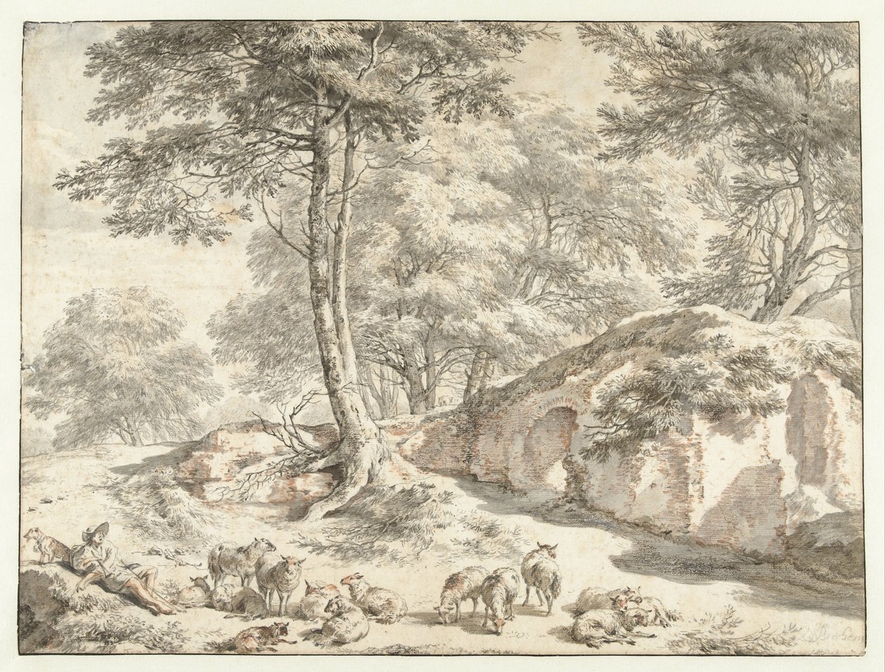 Hyrde med sauer ved en ruin mellom trærne av Nicolaes Pietersz Berchem
