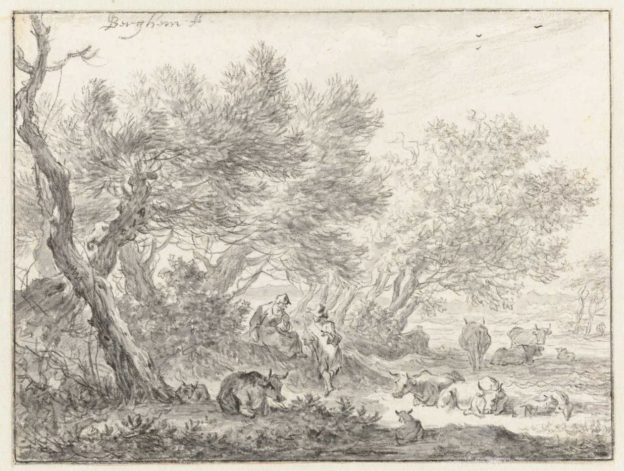 Hyrder og storfe nær en gruppe trær av Nicolaes Pietersz Berchem