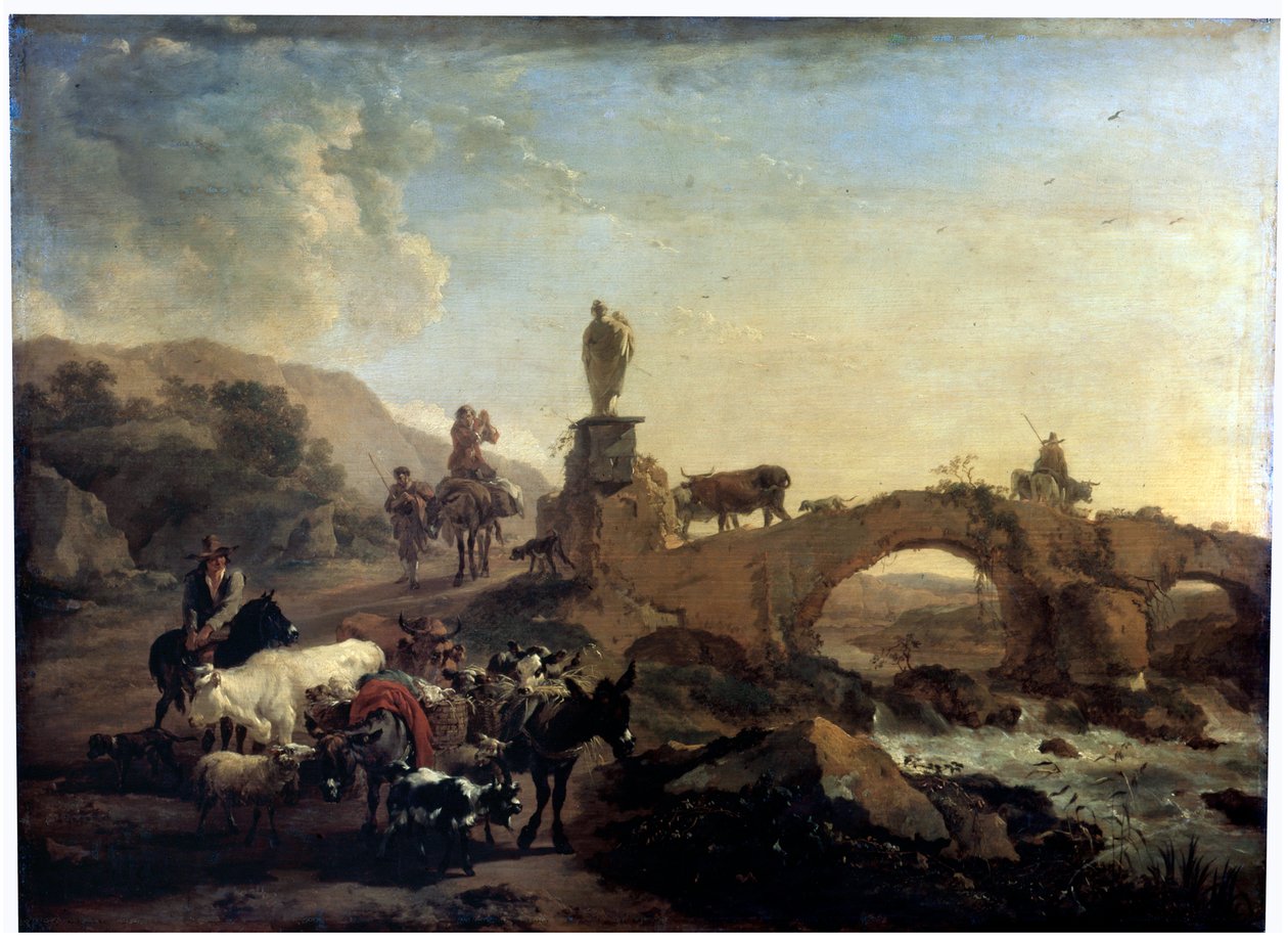 Italiensk landskap med en liten bro, 1656 av Nicolaes Pietersz. Berchem