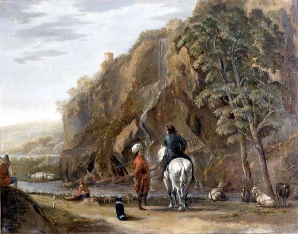 Italiensk landskap med figurer og en hest på en vei av Nicolaes Pietersz. Berchem