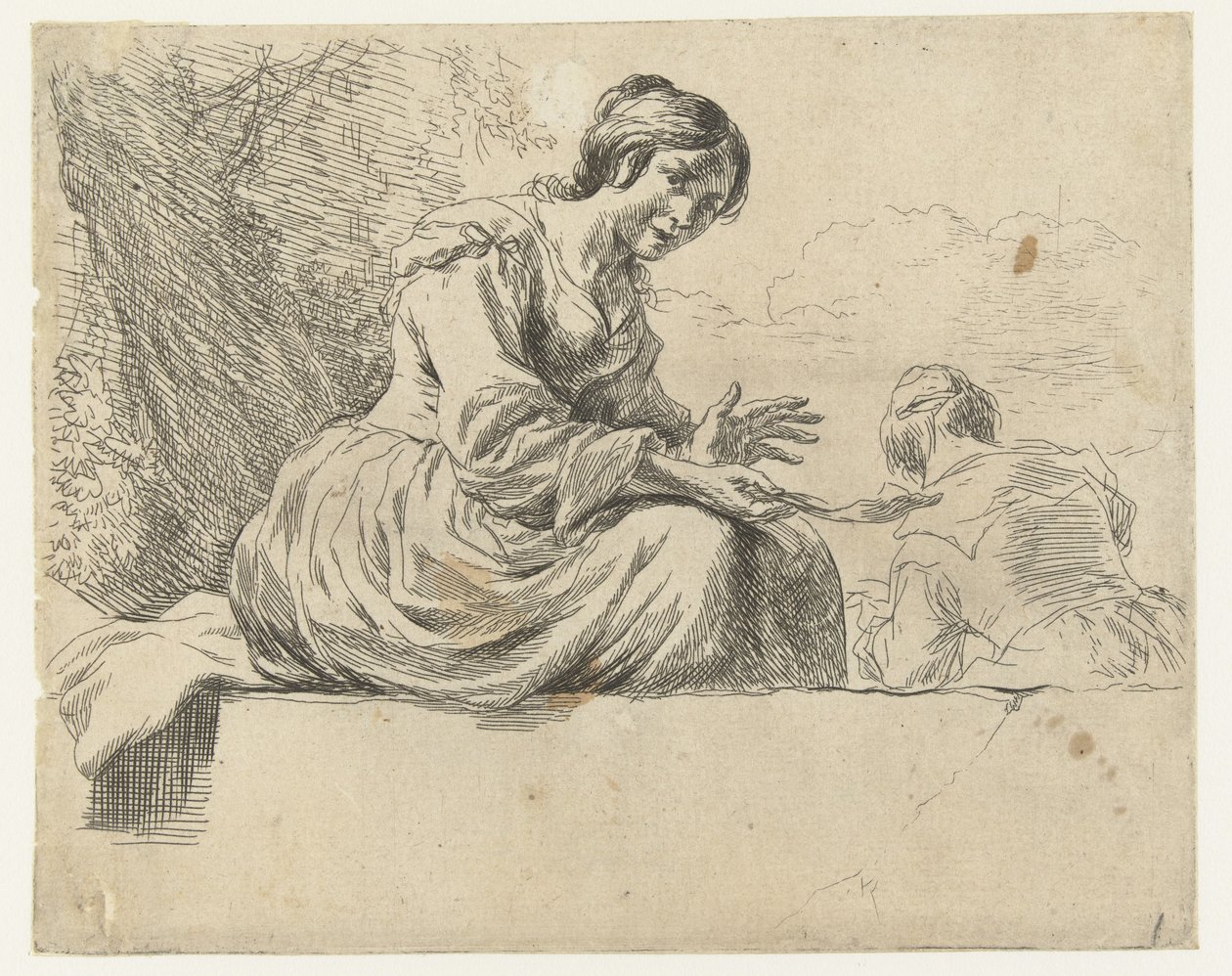Ung kvinne sitter på en stein Sau (serietittel) Animalia ad vivum delineata et aqua forti aeri impressa Studio et Arte Nicolai Berchemi (serietittel) av Nicolaes Pietersz Berchem