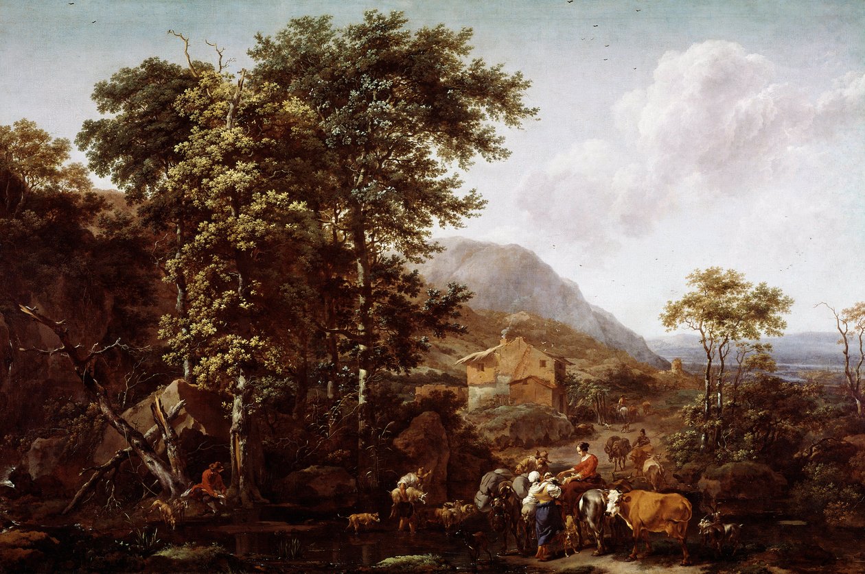 Landskap og dyr. Maleri av Nicolaes Berchem (1620-1683), nederlandsk maler av Nicolaes Pietersz. Berchem