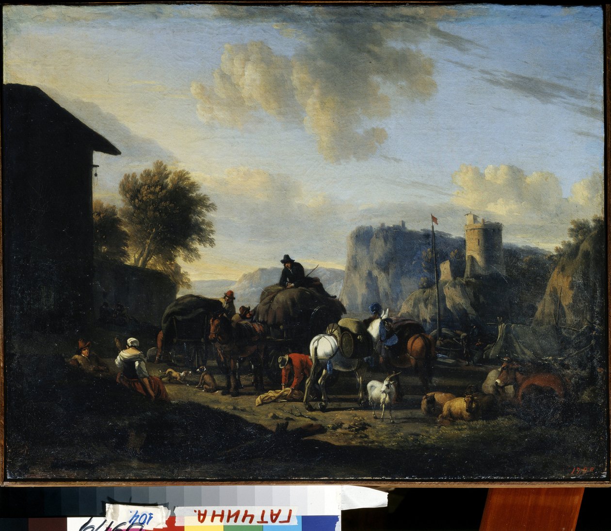 ""Resten av konvoien"" (Resten av konvoien) En gruppe reisende gjetere som stopper på veien. Maleri av Nicolaes (Claes) Pietersz Berchem den eldre (1620-1683) Statens friluftsmuseum fra 1600-tallet Palace Gatchina, St. Petersburg av Nicolaes Pietersz. Berchem