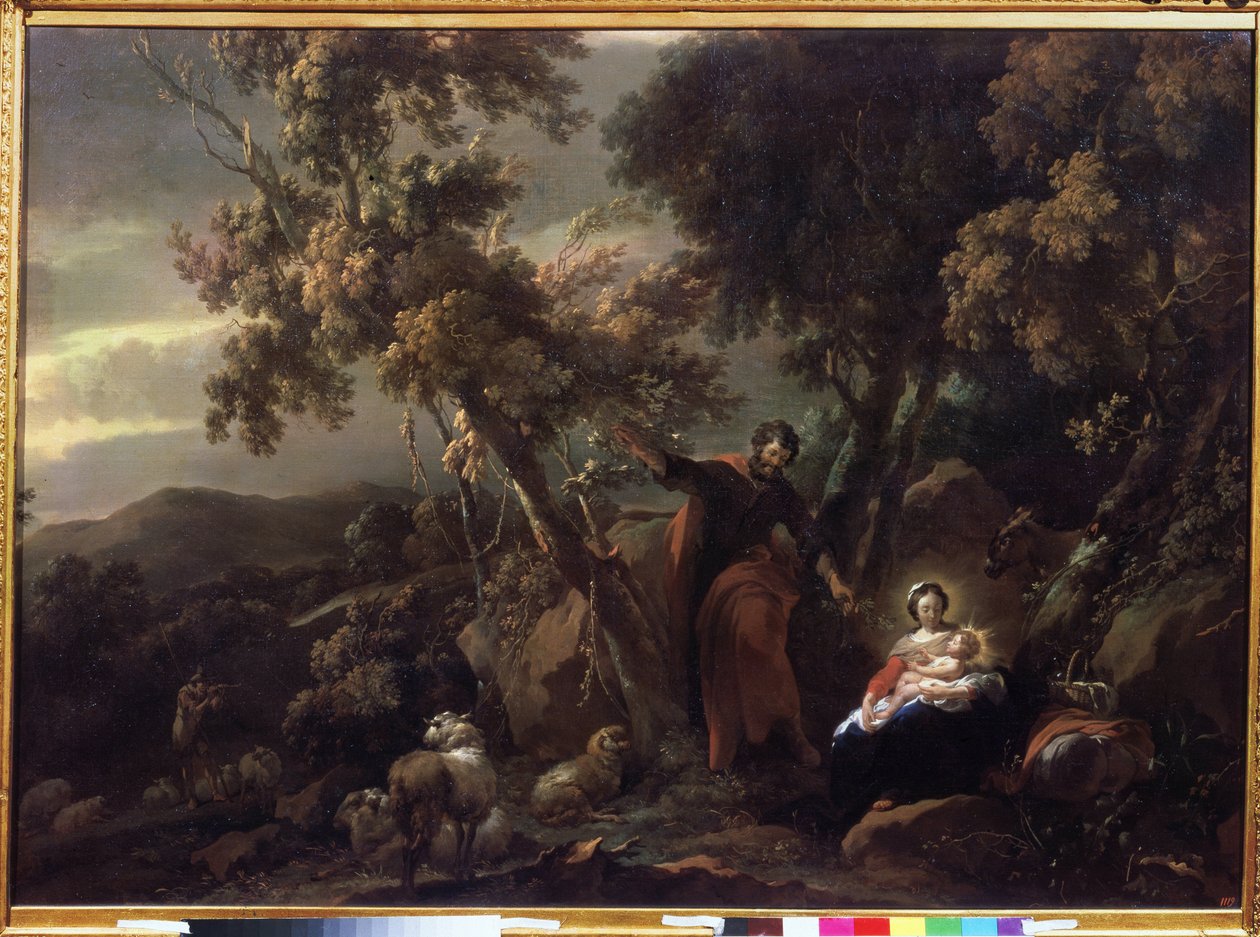 ""Rest on the Flight into Egypt"" (Rest on the Flight into Egypt) Maleri av Nicolaes Pietersz Berchem (eller Berghem) (1620-1683) 1600-tallet Pushkin Museum Moskva av Nicolaes Pietersz. Berchem