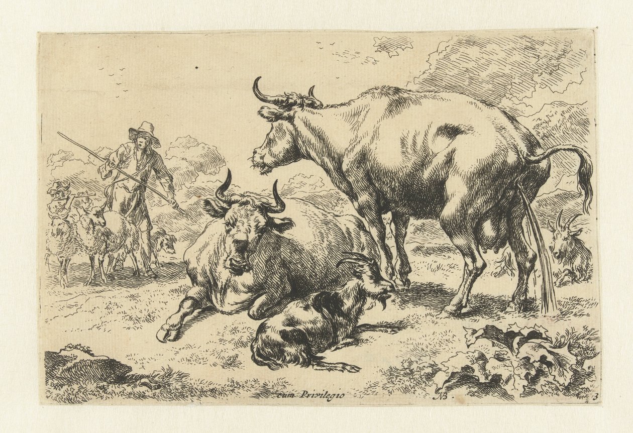 Ligger og en pisser ku Dyr (serietittel) av Nicolaes Pietersz Berchem