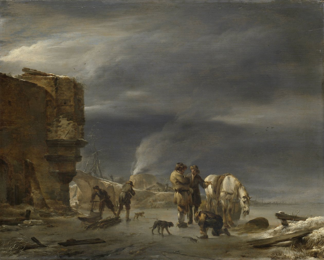 På isen nær en by av Nicolaes Pietersz Berchem