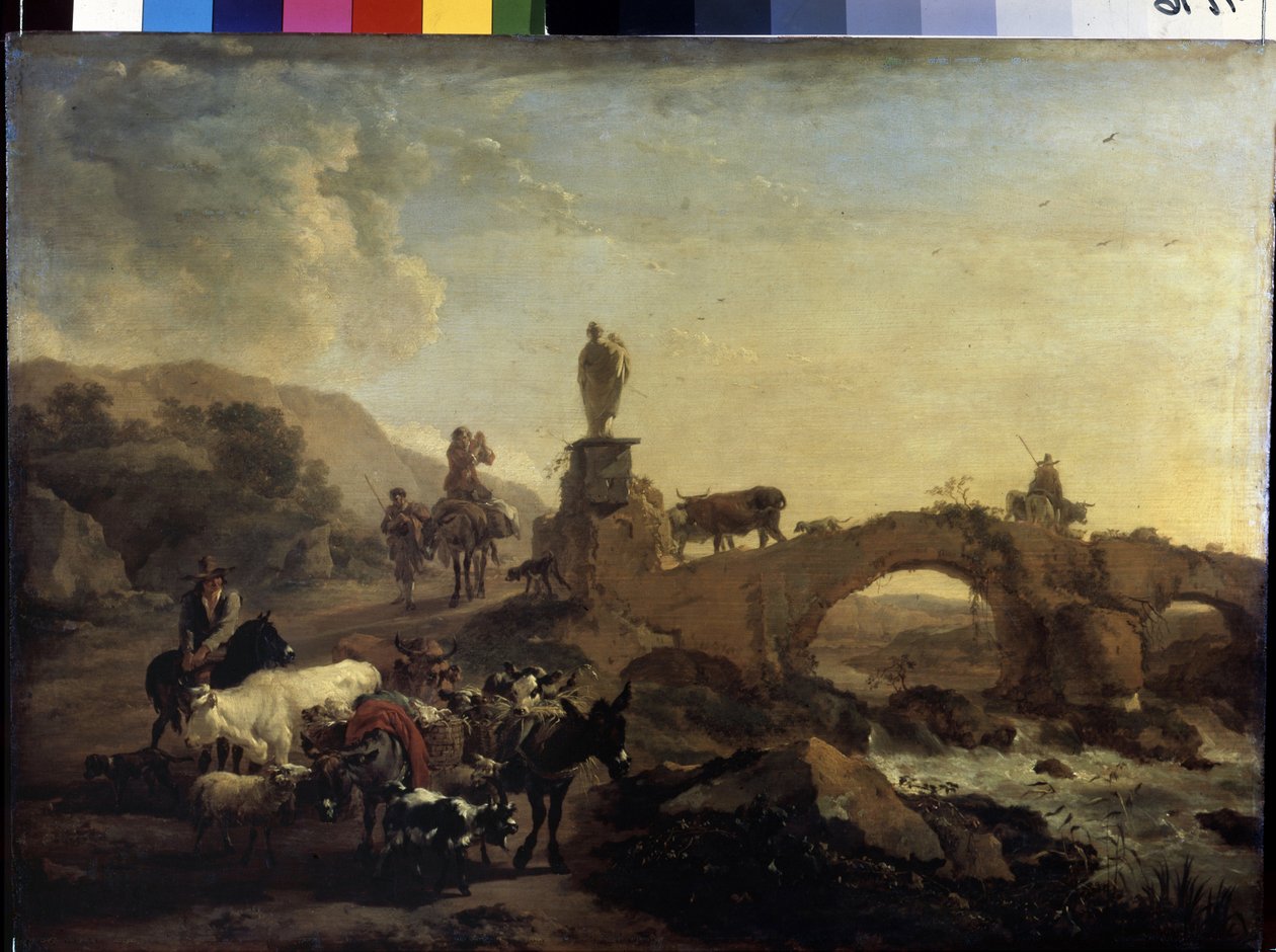 "Italiensk landskap med en liten bro" Maleri av Nicolaes (Claes) Pietersz Berchem den eldre (1620-1683) 1656 Mål 44,5x61 cm Eremitagemuseet, St. Petersburg av Nicolaes Pietersz. Berchem