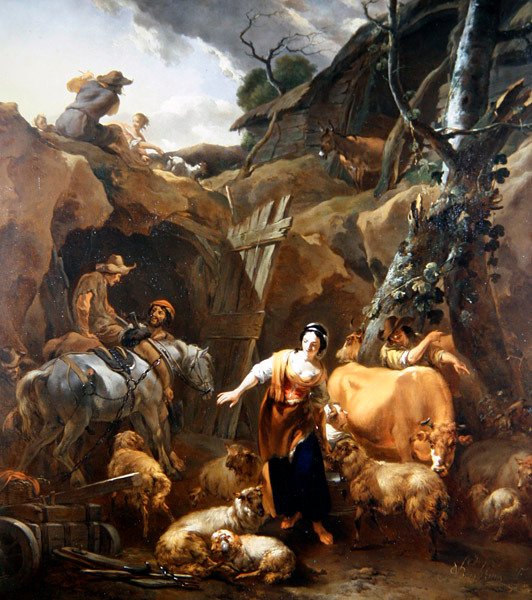 Bønder i et steinete landskap utenfor en gruve av Nicolaes Pietersz. Berchem