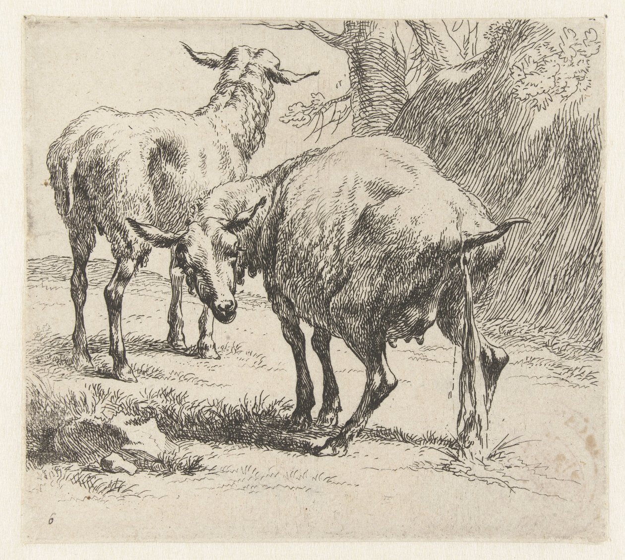Pissende ooi en een schaap Schapen (series title) Animalia ad vivum delineata et aqua forti aeri impressa Studio et Arte Nicolai Berchemi (series title)   1361670   no       norwegian Successfully Translated  Original: Landscape with Figure on the Bank of  av Nicolaes Pietersz Berchem