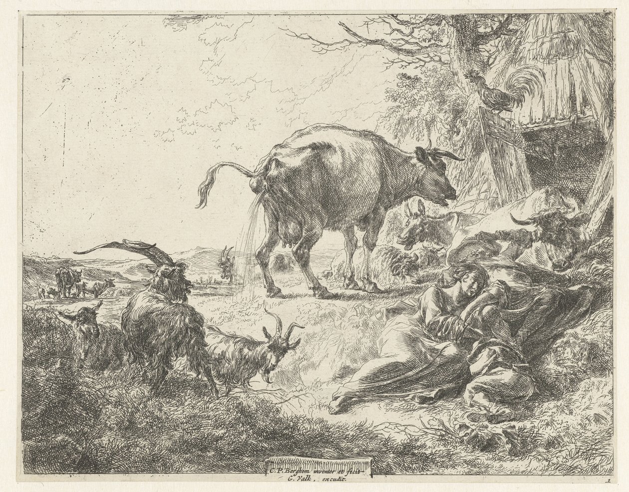 Sovende gjeterfamilie og hvilende husdyr av Nicolaes Pietersz Berchem