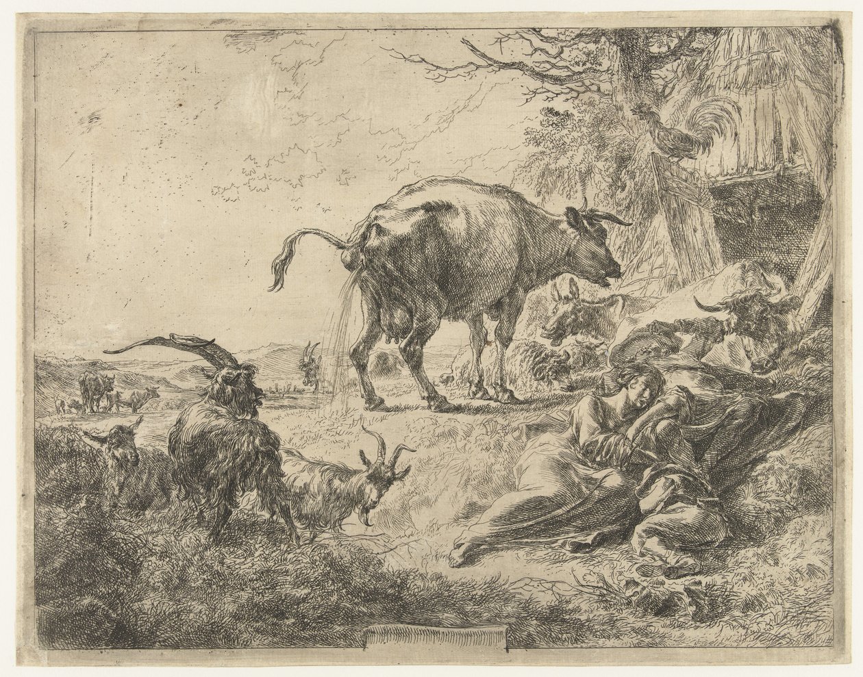 Sovende gjeterfamilie og hvilende husdyr av Nicolaes Pietersz Berchem