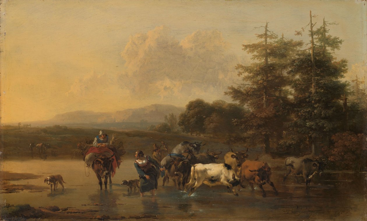 Storfeflokken En flokk med storfe som krysser en Ford av Nicolaes Pietersz Berchem