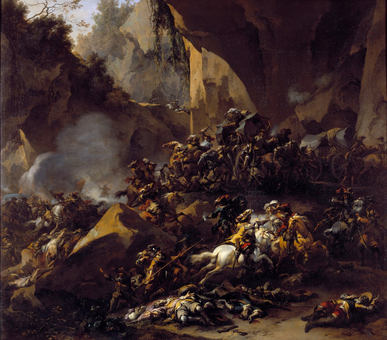 Reisende angrepet av ranere av Nicolaes Pietersz Berchem
