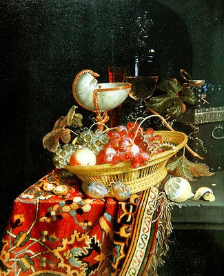 Et stilleben med frukt i en kurv og en Nautilus-kopp av Nicolaes Van Gelder