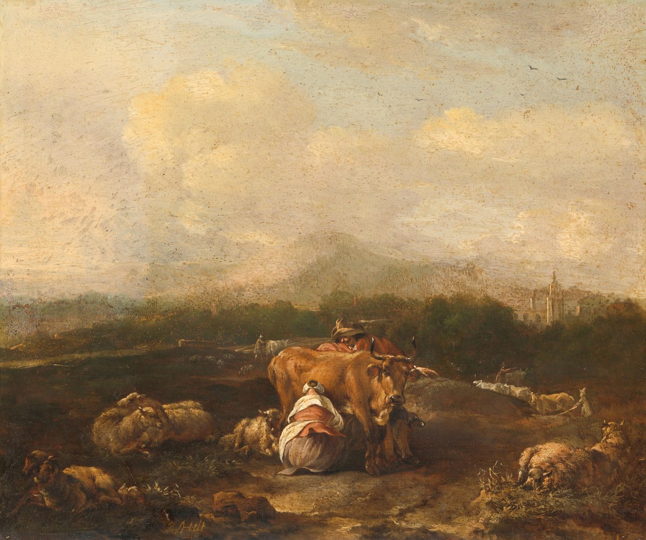Italiensk landskap med storfe av Nicolaes Van Helt Stockade