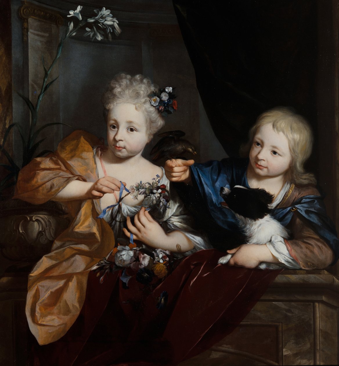 En ung gutt og jente i en arkitektonisk setting av Nicolaes Verkolje