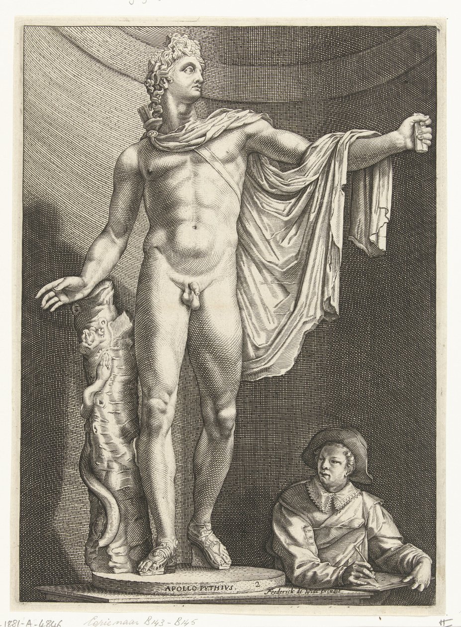 Apollo Belvedere Apollo Pythivs (titlu pe obiect) Trei statui antice din Roma după Goltzius (titlul seriei) norvegian av Nicolaes de Bruyn