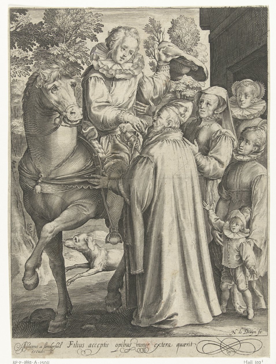 Den bortkomne sønnen mottar arven sin og drar på reise Filius acceptis opibus minor extera quaerit (tittel på objekt) Tale of the Prodigal Son (serietittel) av Nicolaes de Bruyn