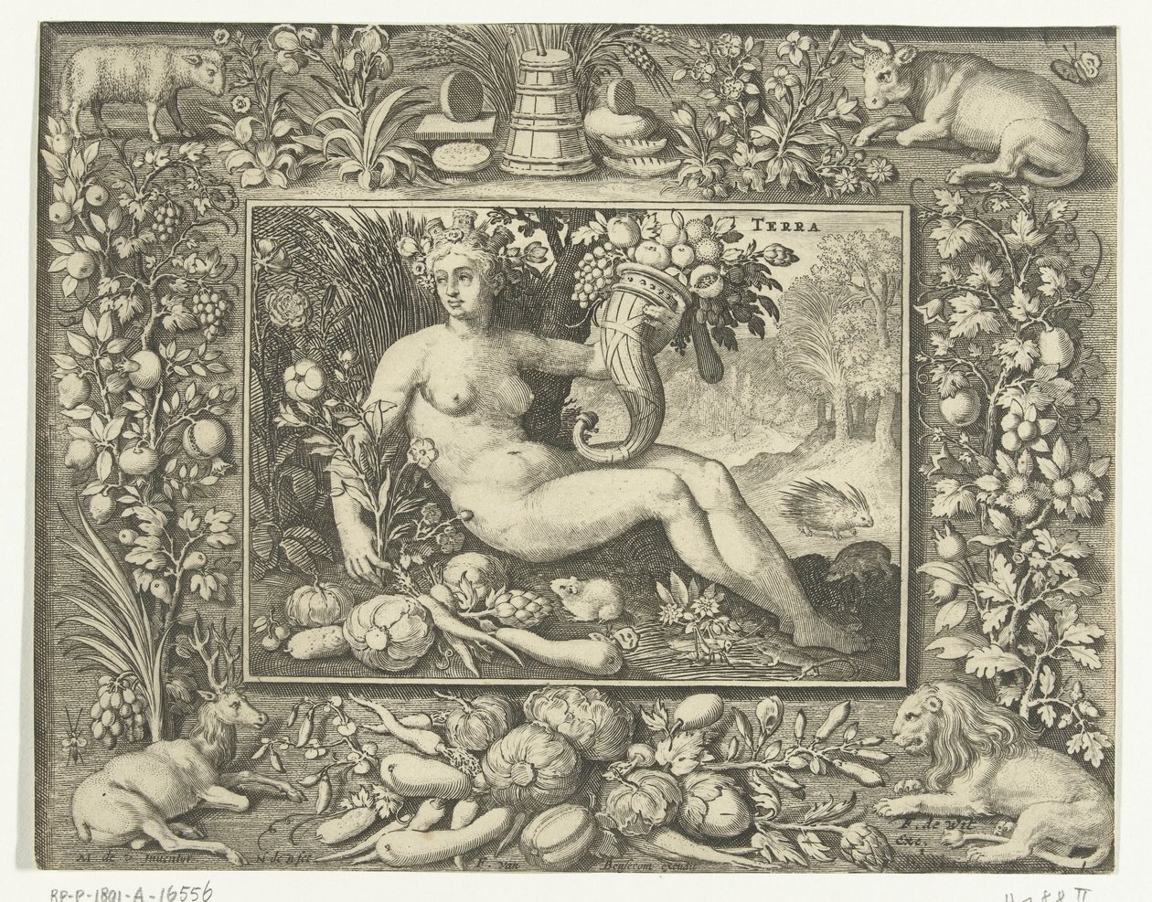 Element jord som en naken kvinne med overflødighetshorn Terra (tittel på objekt) The Four Elements (serietittel) av Nicolaes de Bruyn