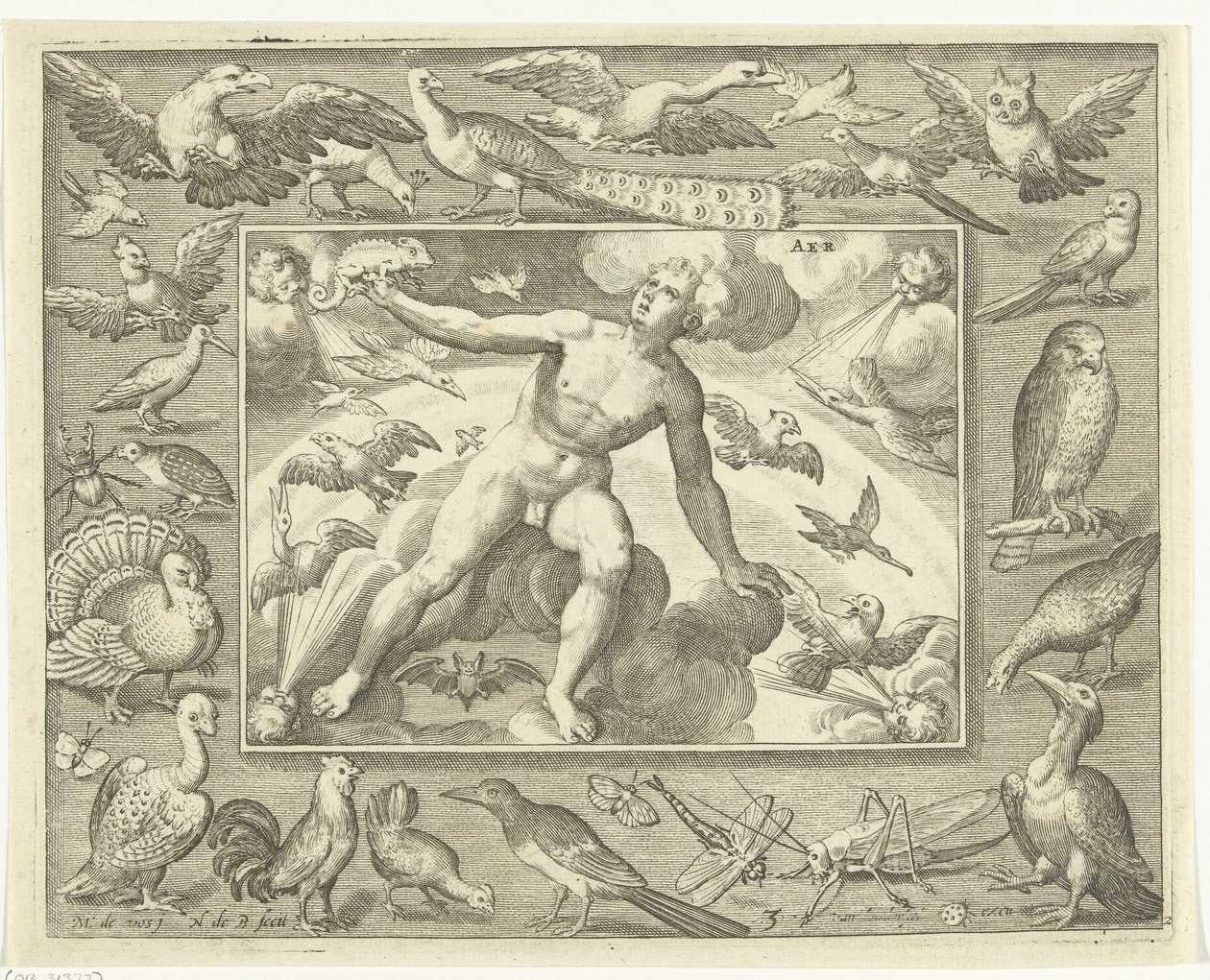 Element av luft som en ung mann på skyer mellom flygende fugler Aer (tittel på objekt) The Four Elements (serietittel) av Nicolaes de Bruyn