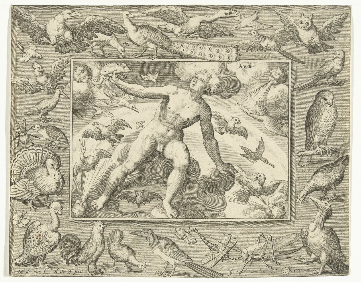 Element av luft som en ung mann på skyer mellom flygende fugler Aer (tittel på objekt) The Four Elements (serietittel) av Nicolaes de Bruyn