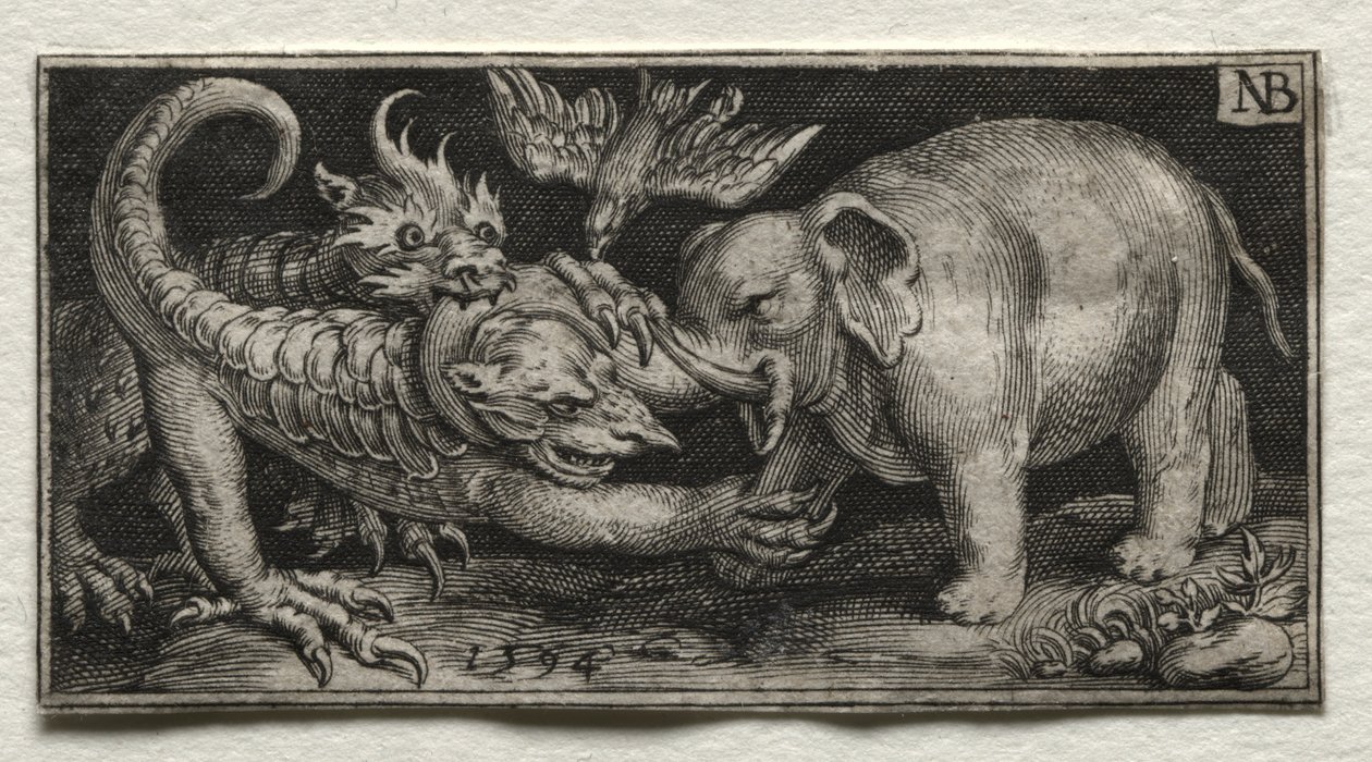 Elefant som kjemper mot to dyr av Nicolaes de Bruyn