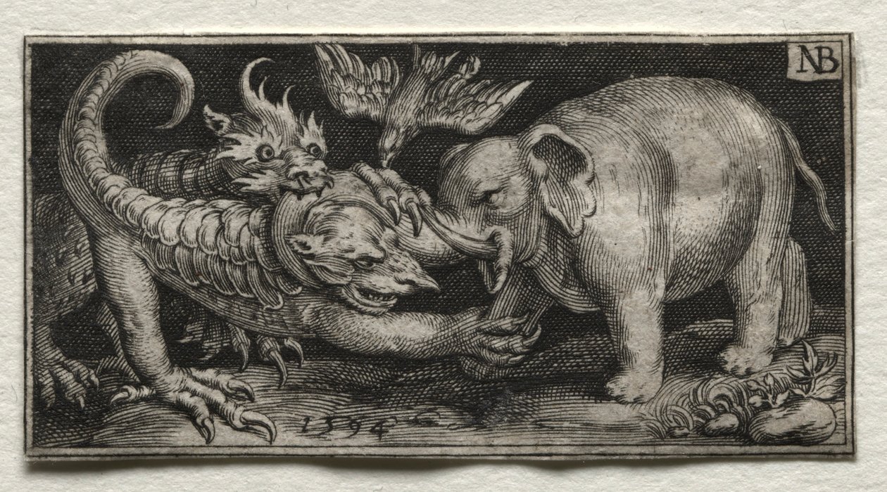 Elefant som kjemper mot to dyr, 1594. av Nicolaes de Bruyn