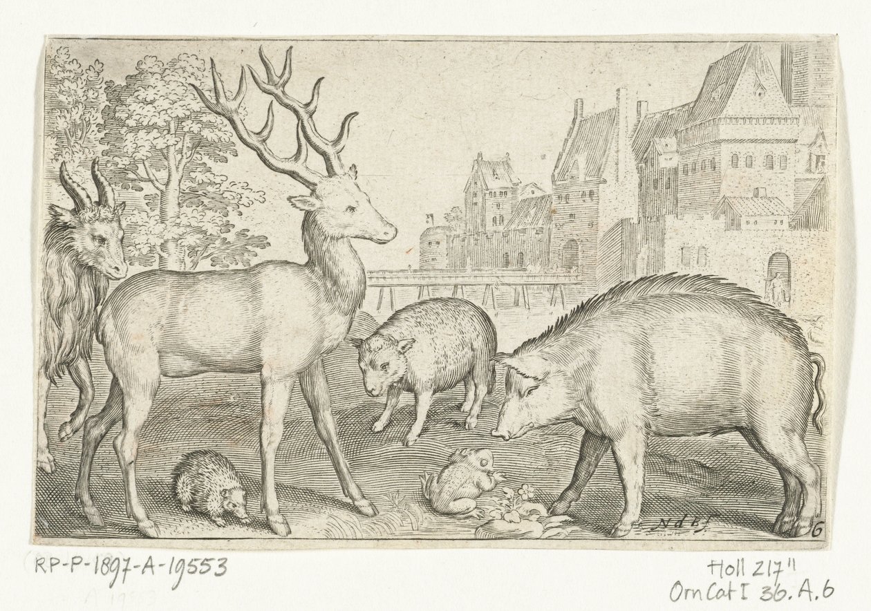 Hjort, pinnsvin, sau, frosk og gris Animalivm qvadrvpedvm (serietittel) Dyr i landskap (serietittel) av Nicolaes de Bruyn
