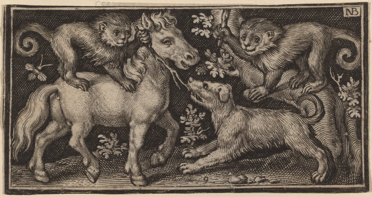 Hest med to aper og en hund av Nicolaes de Bruyn
