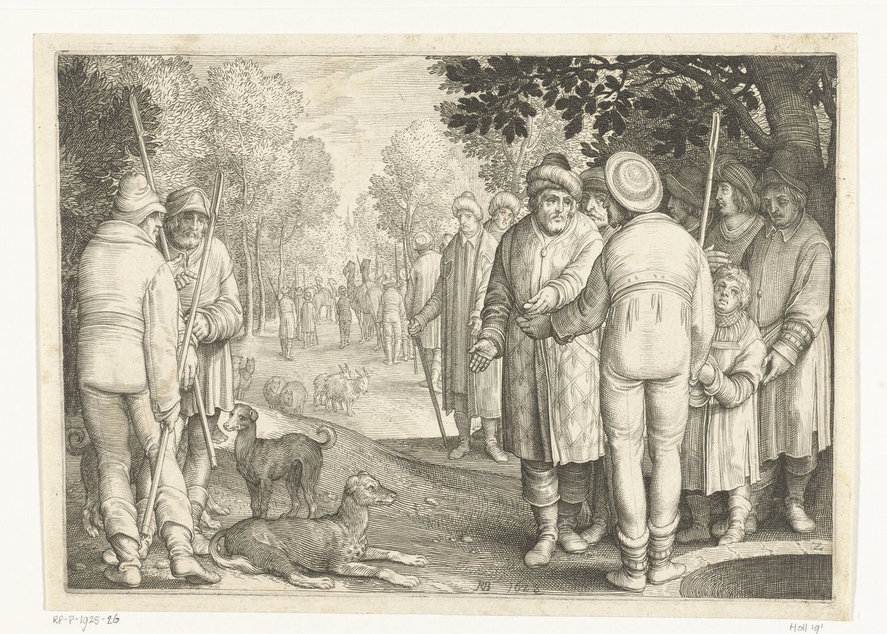 Josef blir solgt av brødrene sine til kjøpmenn ved brønnen Story of Joseph (serietittel) av Nicolaes de Bruyn