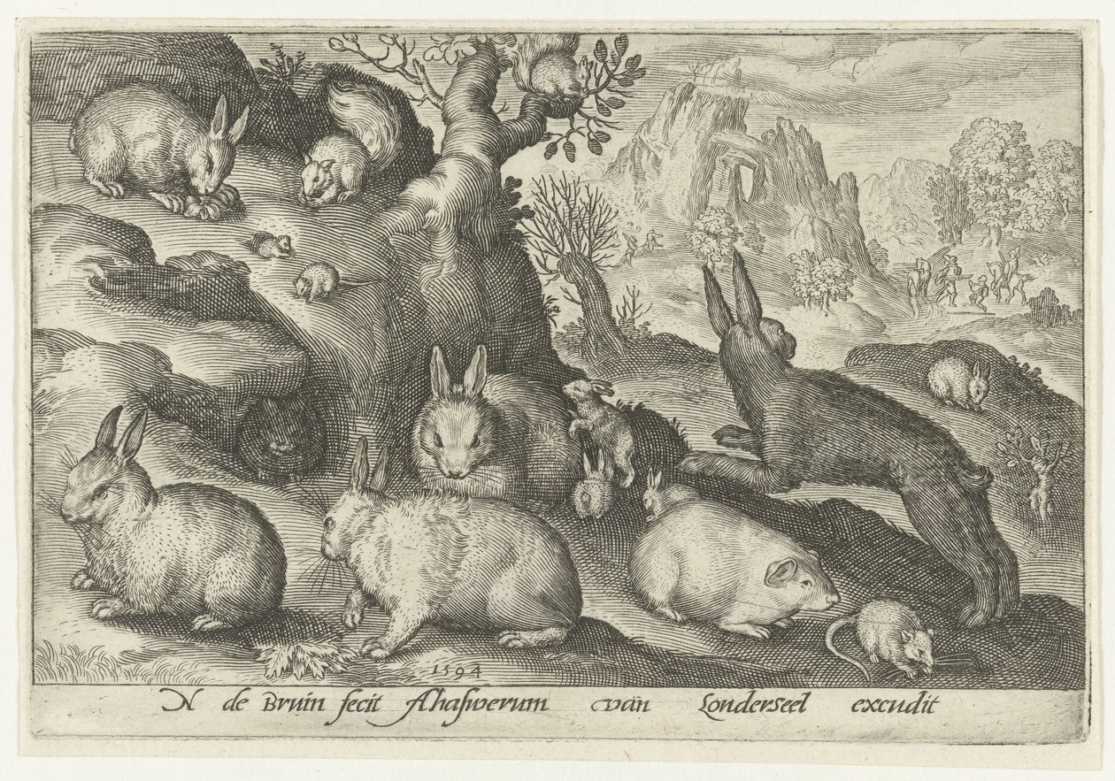 Kaniner, ekorn, marsvin og mus Animalivm qvadrvpedvm (serietittel) Dyr i landskap (serietittel) av Nicolaes de Bruyn