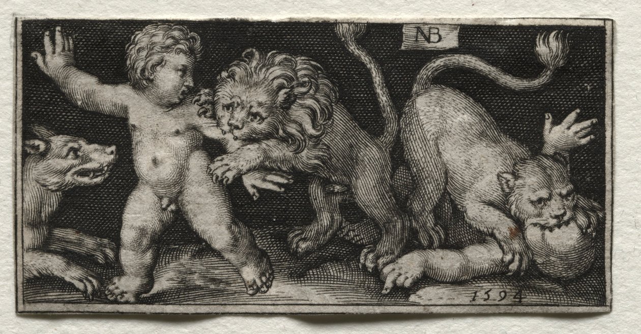 Lions Attacking Children, 1594. norvegiană av Nicolaes de Bruyn