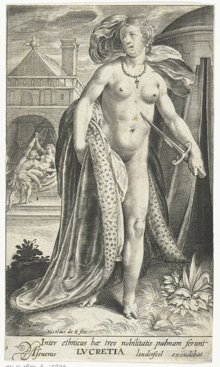 Lucretia met dolk tegen haar borst Blant de etniske gruppene bærer disse tre adelens håndflate, Lucretia (tittel på objekt) av Nicolaes de Bruyn