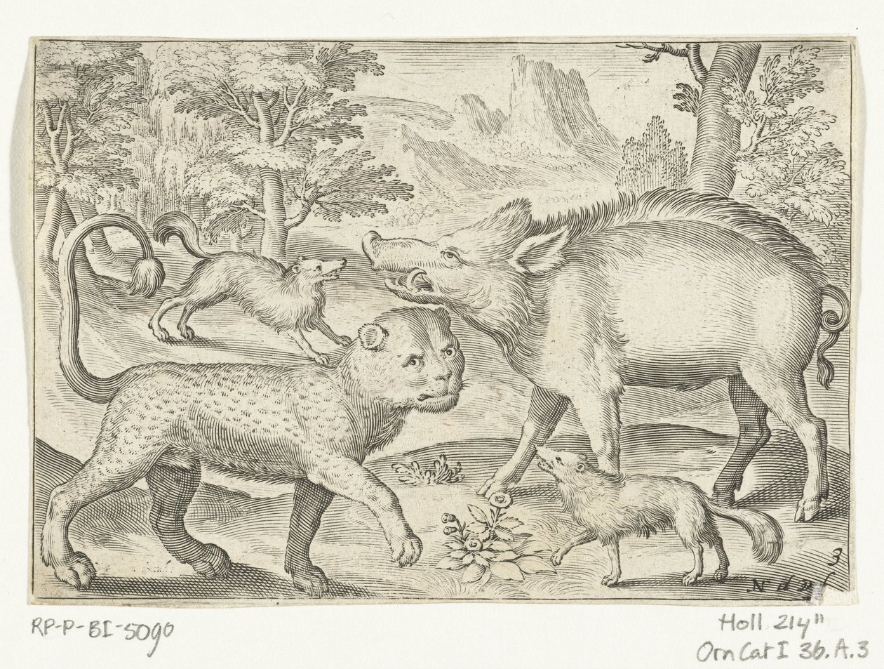 Leopard, villsvin og hunder Animalivm qvadrvpedvm (serietittel) Dyr i landskap (serietittel) av Nicolaes de Bruyn