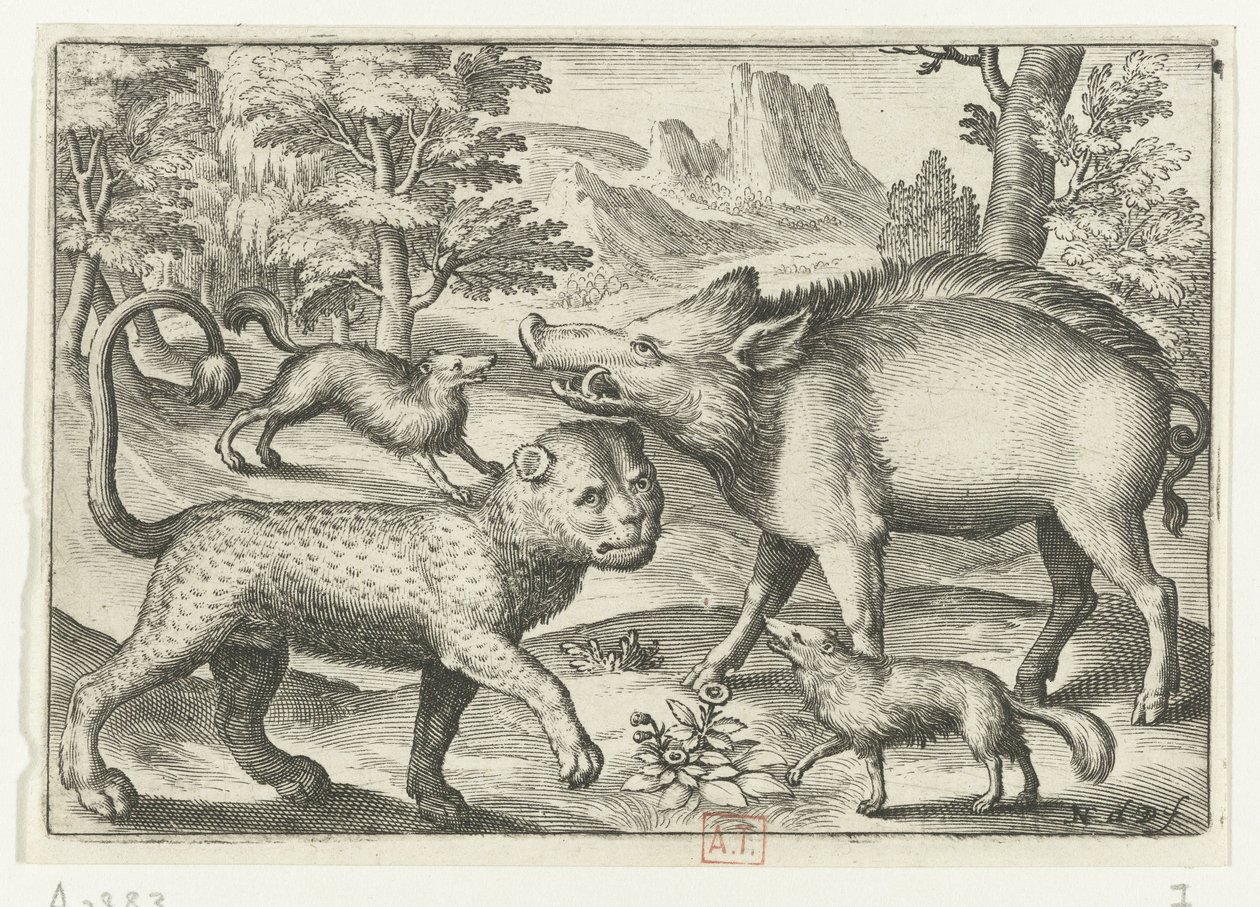Leopard, villsvin og to hunder Animalivm qvadrvpedvm (serietittel) Dyr i landskap (serietittel) av Nicolaes de Bruyn