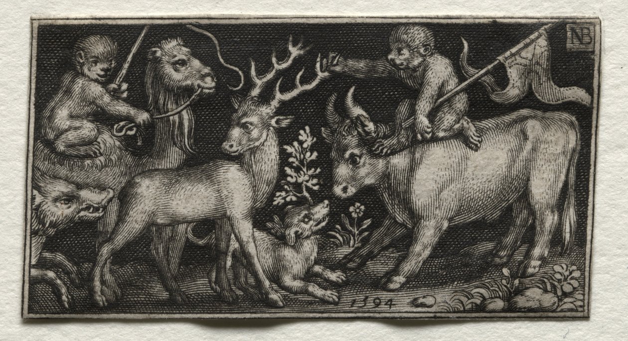 Aper som rir på en kamel og en okse av Nicolaes de Bruyn