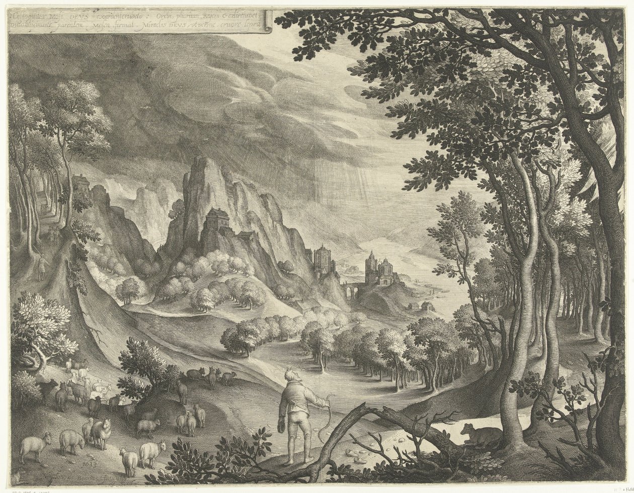 Moses blir tiltalt av Gud på Horeb-fjellet av Nicolaes de Bruyn