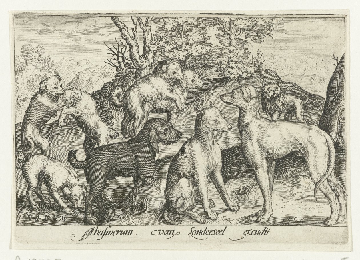 Ni hunder Animalivm qvadrvpedvm (serietittel) Dyr i landskap (serietittel) av Nicolaes de Bruyn