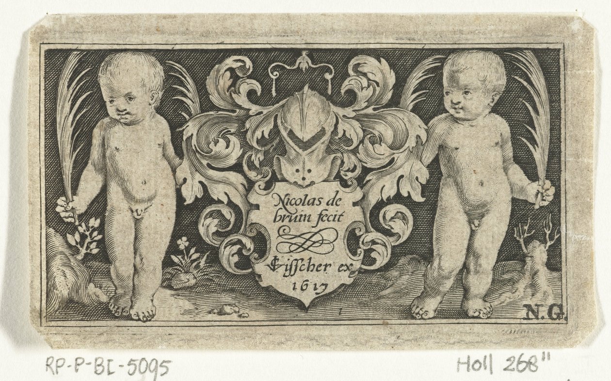 Titteltrykk med to barn med palmeblad ved siden av våpenskjoldet Frisere med barn, engler og dyr (serietittel) av Nicolaes de Bruyn