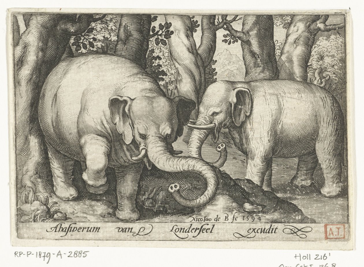 To elefanter Animalivm qvadrvpedvm (serietittel) Dyr i landskap (serietittel) av Nicolaes de Bruyn
