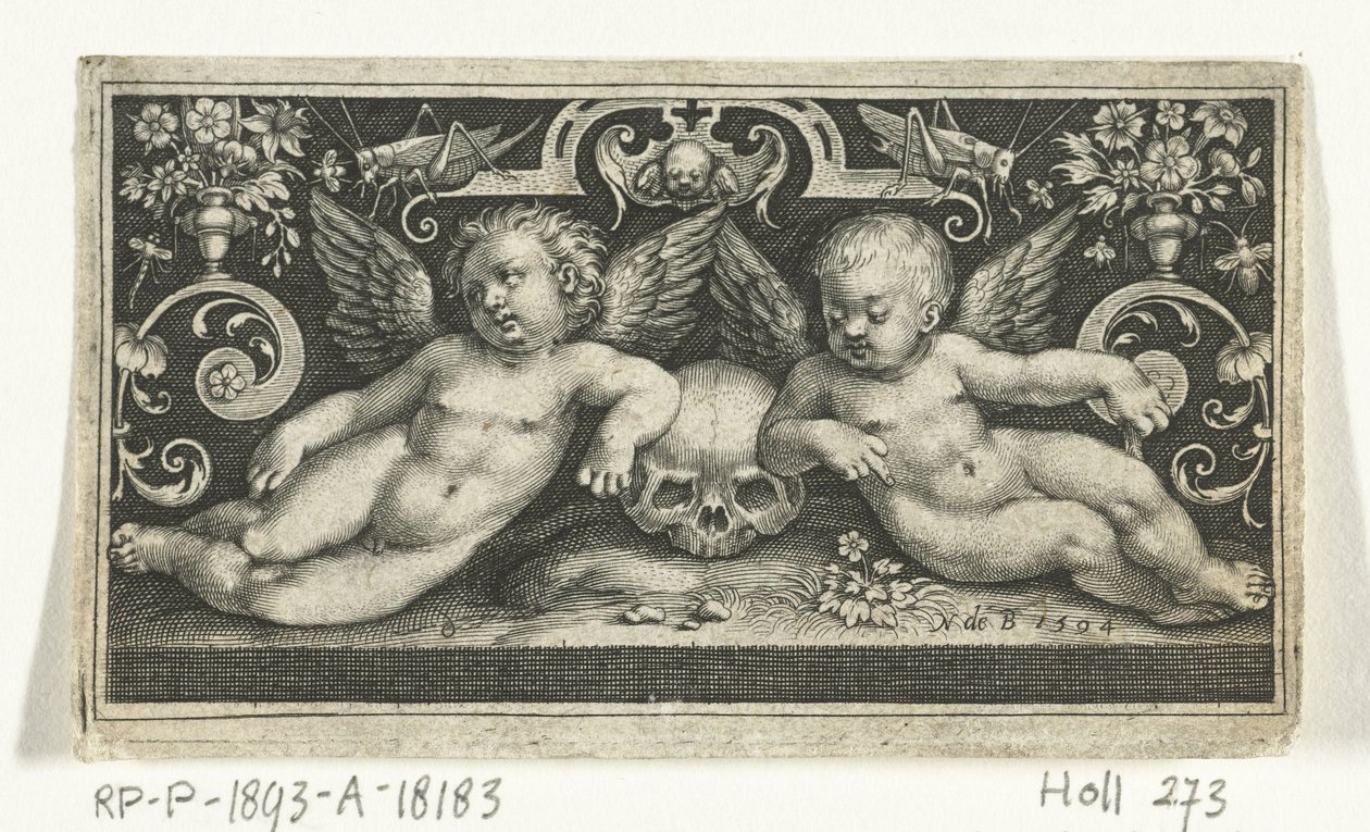 To barn slåss, rir på bukker, flankert av barn som blåser i trompeter Frisere med barn, engler og dyr (serietittel) av Nicolaes de Bruyn