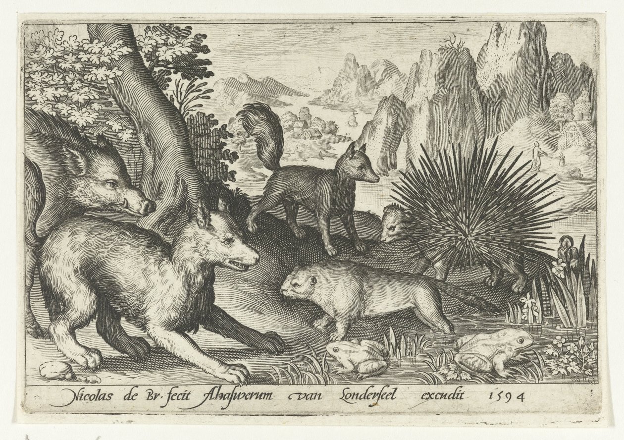Villsvin, rev, bever, piggsvin og frosker Animalivm qvadrvpedvm (serietittel) Dyr i landskap (serietittel) av Nicolaes de Bruyn