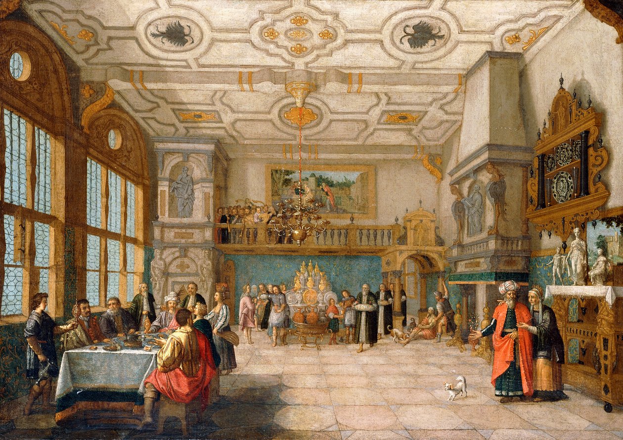 Lazarus ved døren til en selskapslokale med spisestue med elegante figurer, 1622 av Nicolaes de Gyselaer