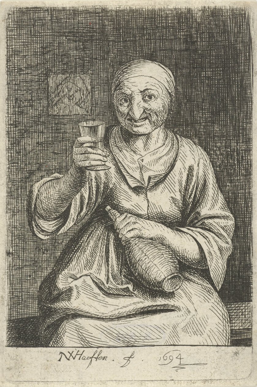 Gammel kvinne med glass og kanne av Nicolaes van Haeften