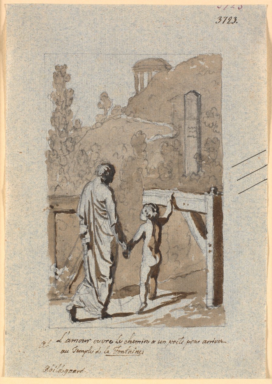 Amor åpner passasjen for en poet inn i Lafontaines tempel av Nicolai Abildgaard