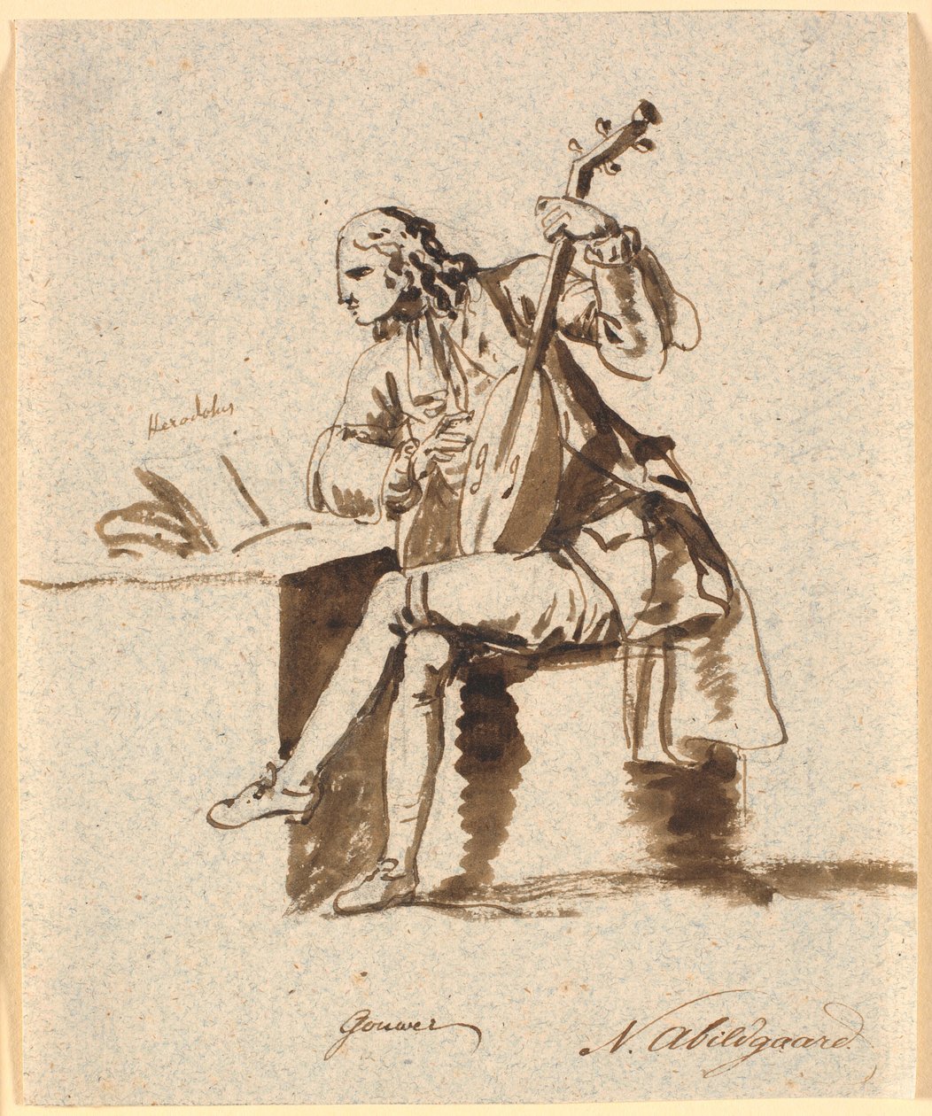 Den engelske poeten Gower satt med en lutt ved et bord som Herodot ligger spredt på av Nicolai Abildgaard