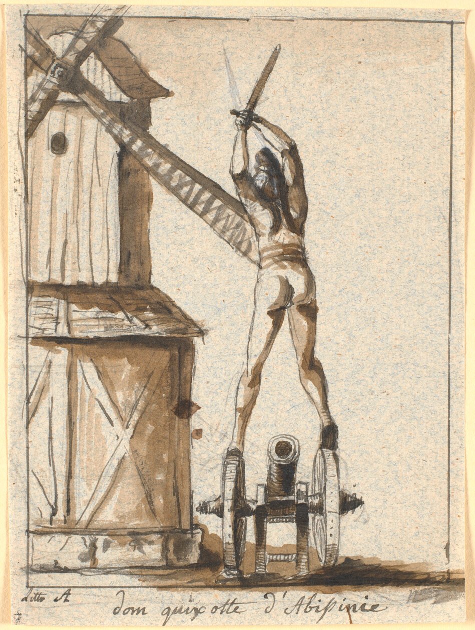 Don Quijote, stående på en kanon, med sverdet hevet mot et kvernblad av Nicolai Abildgaard