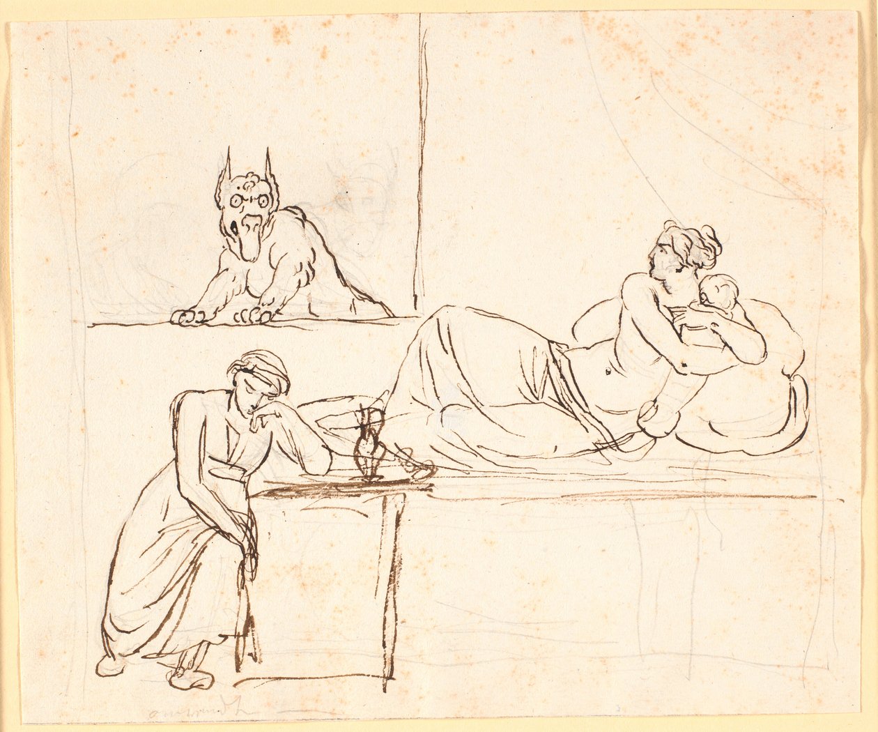 En kvinne som ligger med et spedbarn på en seng ser et monster dukke opp i vinduet. Ved fotenden av sengen sitter en sovende kvinne av Nicolai Abildgaard