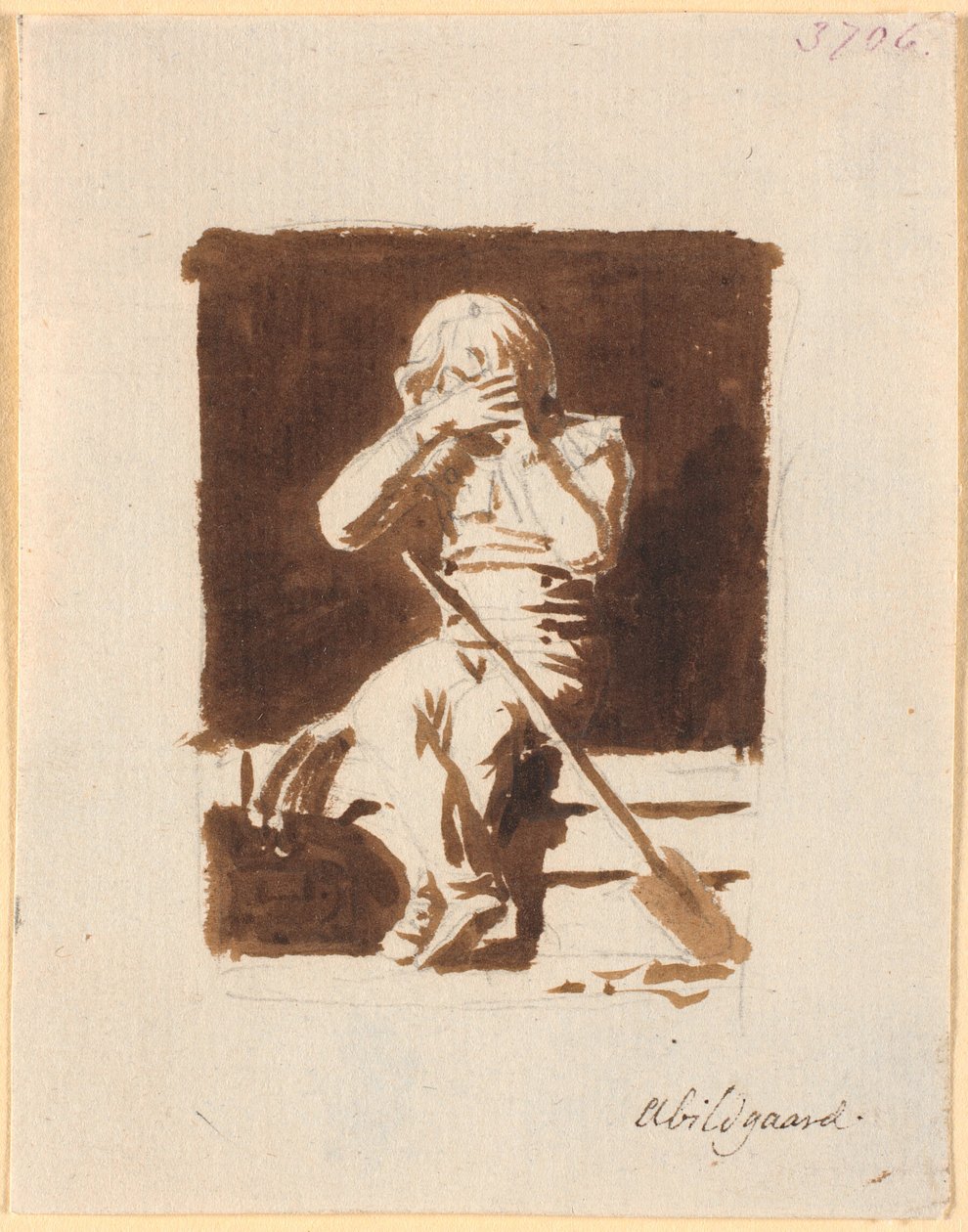En liten gråtende gutt, som sitter med en spade eller en åre, på kanten av en båt (?) av Nicolai Abildgaard